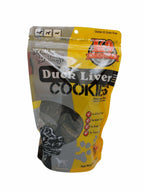 Dog treat pouch labeled Duck Liver cookies, silver and bright yellow packaging with a clear window showing dark round treats.