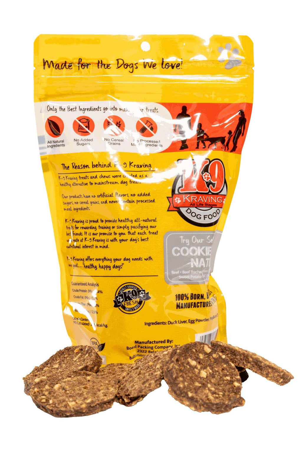 Duck Liver dog treats in an orange-yellow resealable pouch, with brown, rough-textured cookies in front.