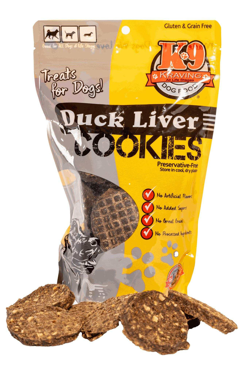 Dog treats, Duck Liver cookies in a yellow and gray pouch with brown, textured round biscuits displayed in front.