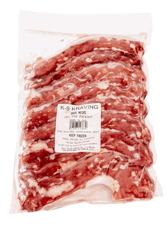 Natural raw duck necks for dogs, packaged by K-9 Kraving.