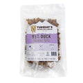 Duck Training Bites in a clear resealable pouch, showing brown bite-sized treats and a purple-and-white label.