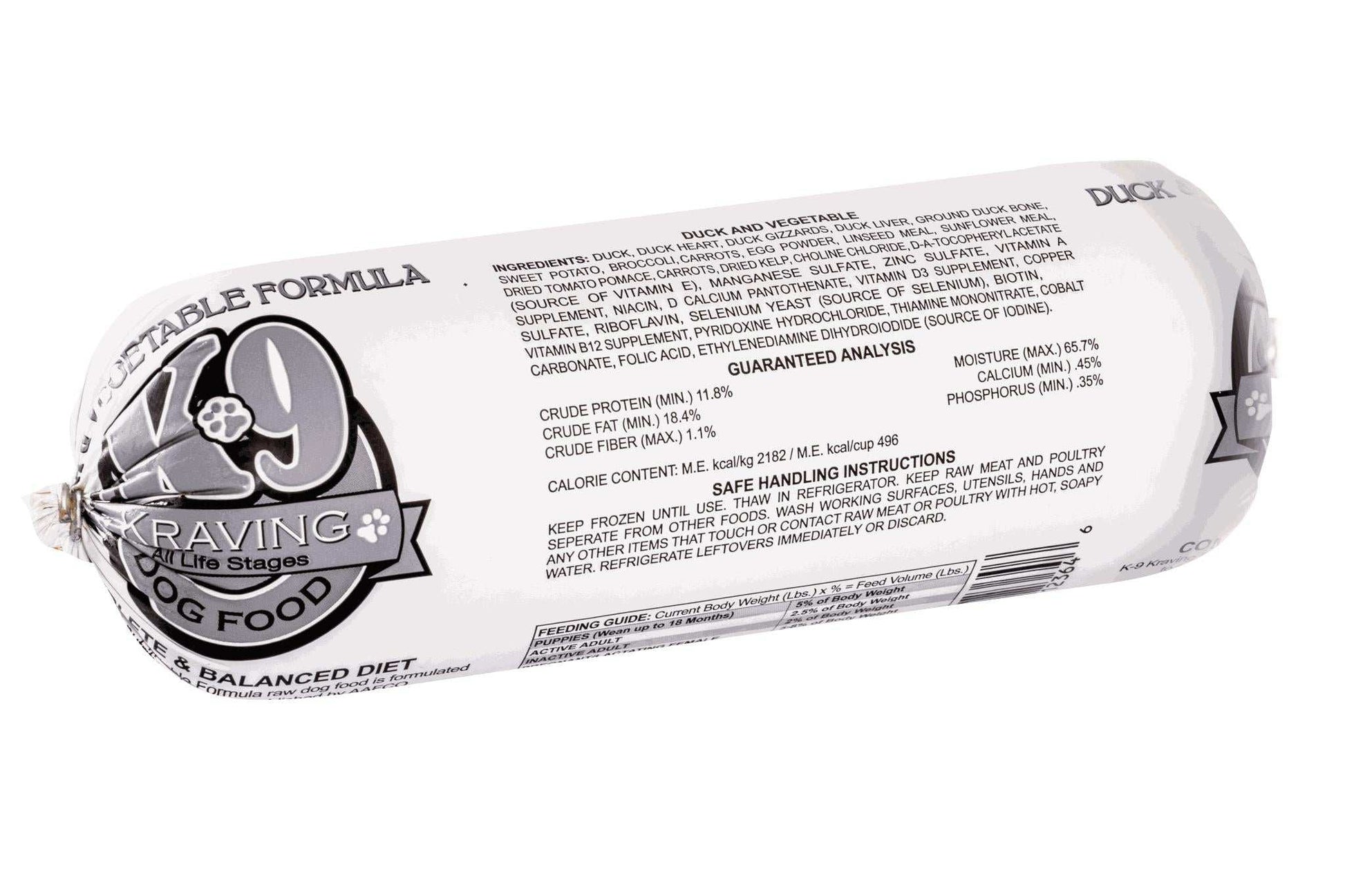 K-9 Kraving Duck & Vegetable Raw Dog Food packaging featuring ingredients and nutritional information.