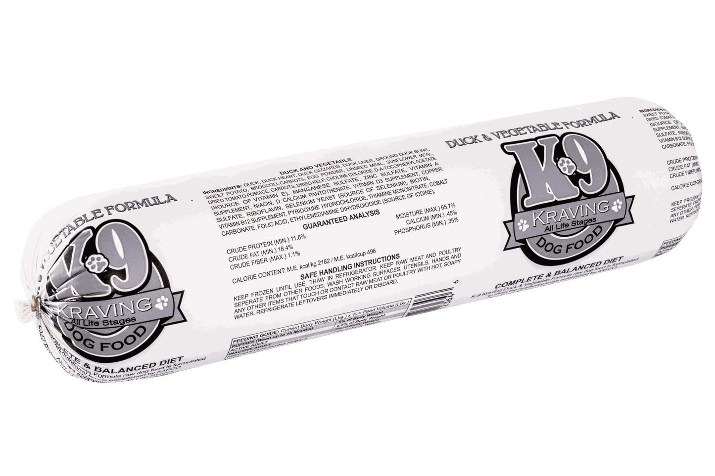 K-9 Kraving Duck & Vegetable Formula Raw Dog Food packaging.