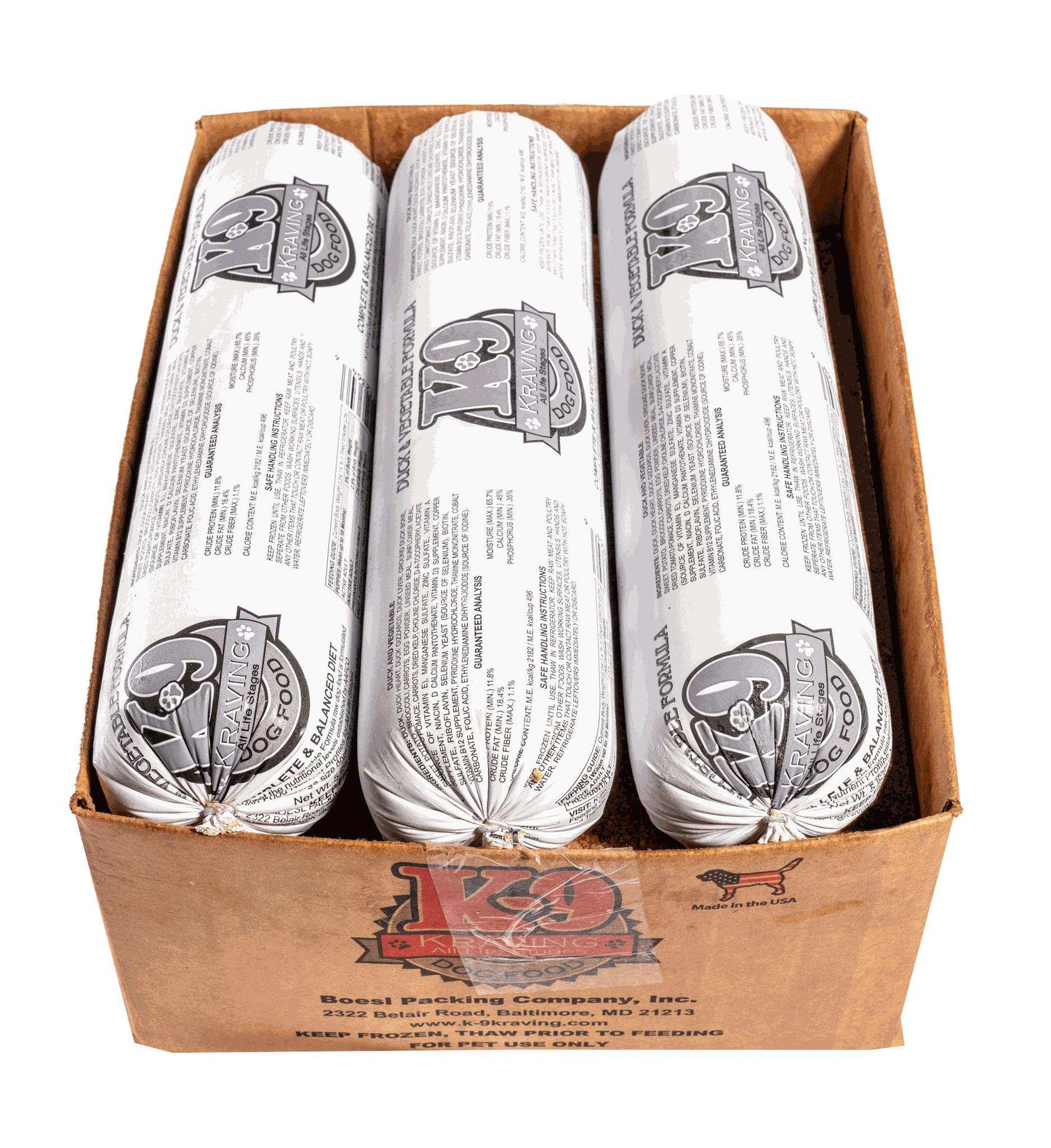 K-9 Kraving Duck & Vegetable Formula Raw Dog Food in packaging