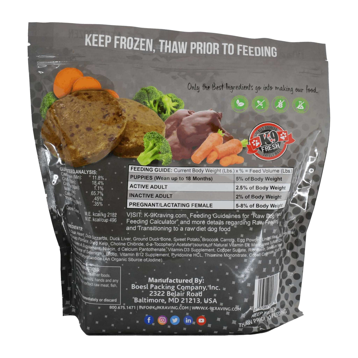 Duck dog food in a gray resealable frozen pouch, with a clear window showing brown patties and green vegetables.
