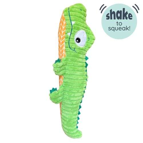 Fetchies Gus Gator dog toy with squeaker, durable soft plush in small and large sizes