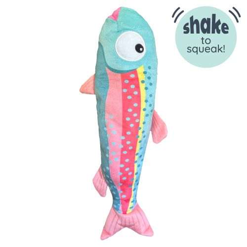 Fetchies® Travis Trout Dog Toy in small and large sizes with shake-to-squeak feature, durable Power Plush® material, and reinforced seams for tough play.