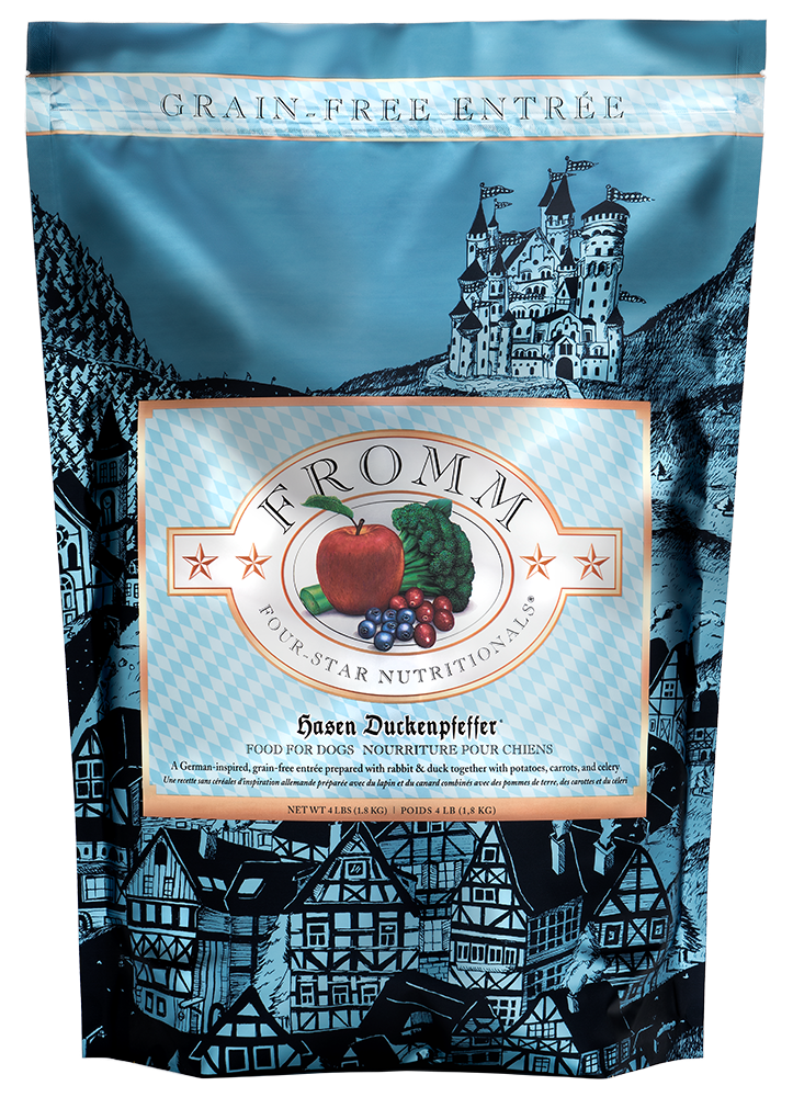Hasen Duckenpfeffer grain-free dog food with rabbit, duck, peas, potatoes, and fruits in blue packaging