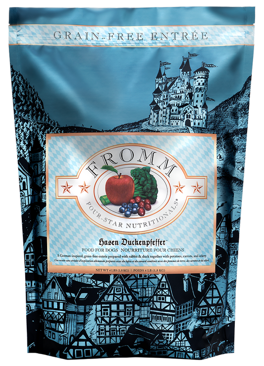 Hasen Duckenpfeffer grain-free dog food with rabbit, duck, peas, potatoes, and fruits in blue packaging
