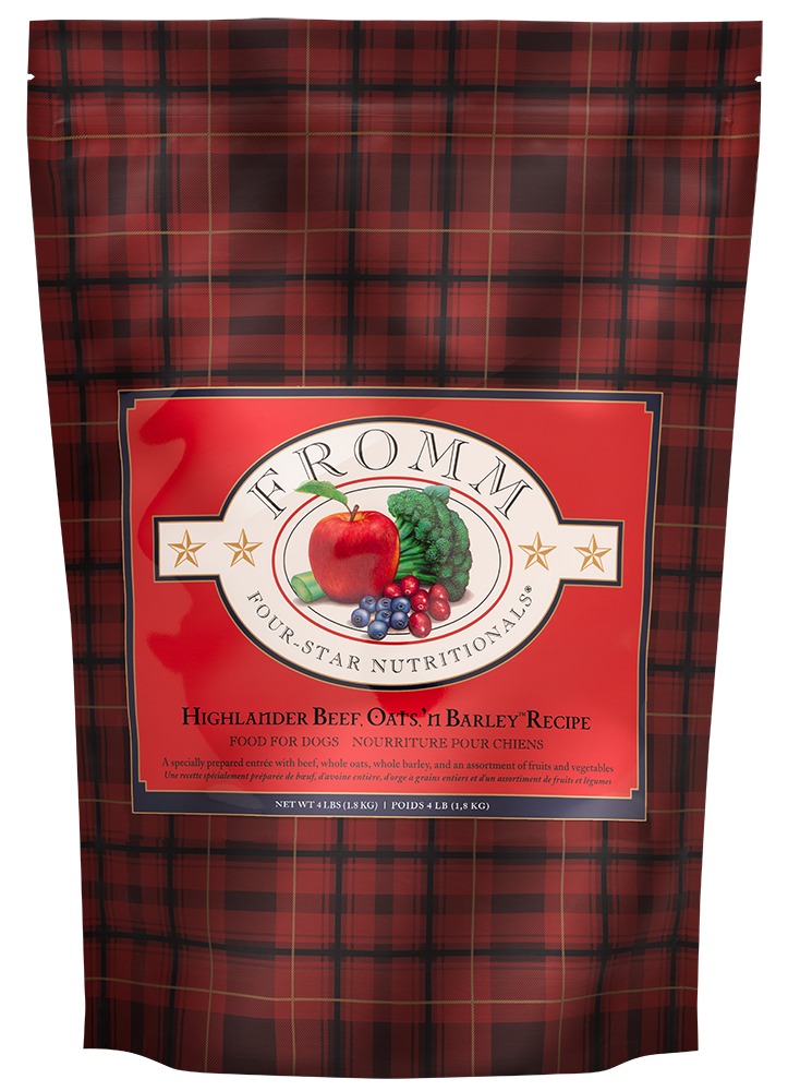 Four-Star Beef Oats & Barley dog food with beef, oats, barley, fruits, and vegetables in tartan packaging