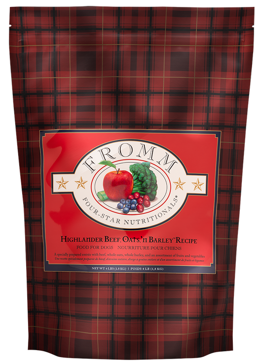 Four-Star Beef Oats & Barley dog food with beef, oats, barley, fruits, and vegetables in tartan packaging