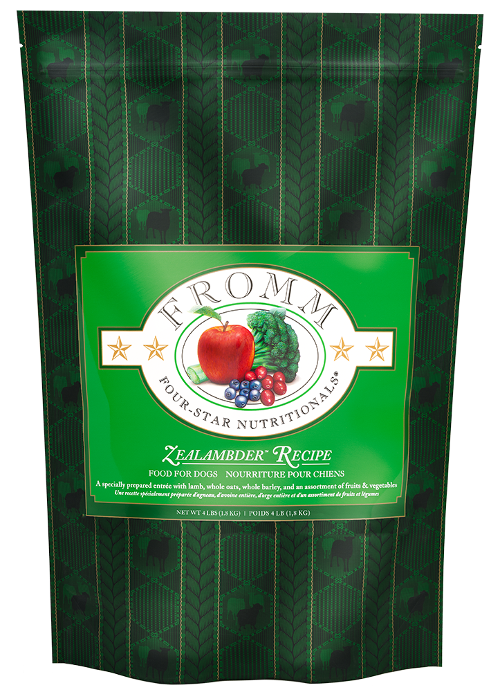 Fromm Zealambder Recipe dog food bag with lamb, oats, barley, fruits, and vegetables