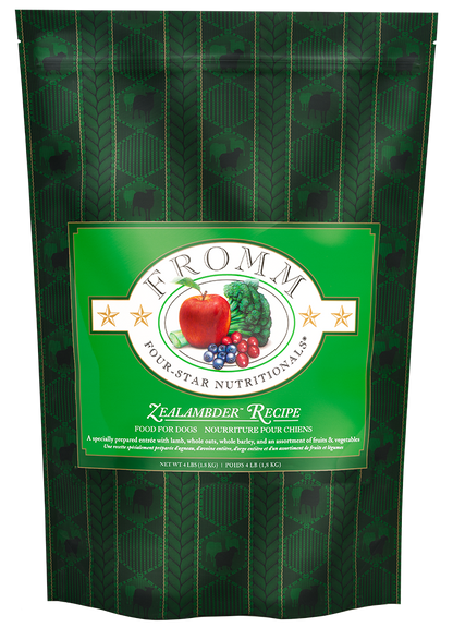 Fromm Zealambder Recipe dog food bag with lamb, oats, barley, fruits, and vegetables
