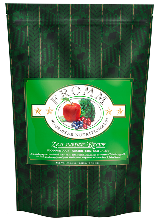 Fromm Zealambder Recipe dog food bag with lamb, oats, barley, fruits, and vegetables