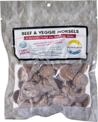 Freeze Dried Beef & Veggie Morsels in a clear, resealable plastic bag featuring round, brown freeze-dried treat pieces visible inside.