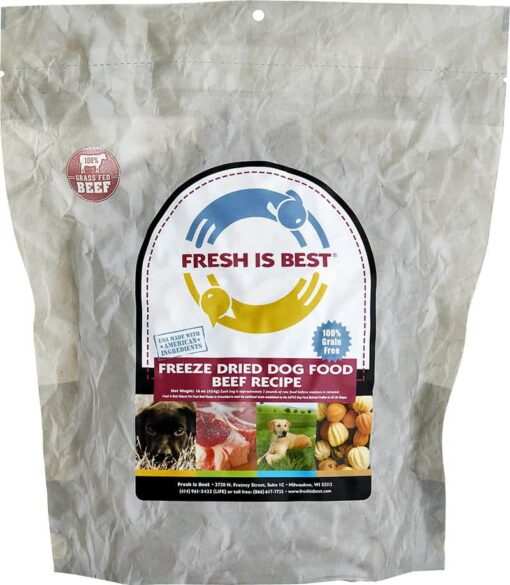 Freeze Dried Beef Dog Food packaging showing "Fresh Is Best" logo and product details.