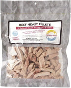 Freeze dried beef heart fillet treats for dogs and cats in resealable packaging.