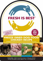 Freeze dried chicken dog food with images of fresh ingredients and pets on the packaging.