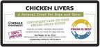 Freeze dried chicken livers label for dogs and cats, highlighting single ingredient, easy-to-feed pieces, and Fresh Is Best brand.