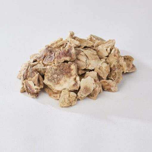 Freeze dried chicken livers pet treats in pile on white background.