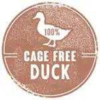 Freeze Dried Duck Breast Tenders in a round brown label design with white duck silhouette and “Cage Free Duck” text.