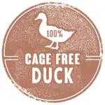 Freeze Dried Duck Breast Tenders in a round brown label design with white duck silhouette and “Cage Free Duck” text.