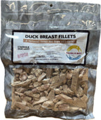Freeze Dried Duck Breast Fillets in a silver resealable pouch, with visible beige-brown freeze-dried pieces.