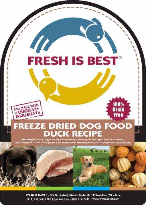 Freeze Dried Duck Dog Food packaging with Fresh Is Best logo, 100% grain-free label, and images of duck and vegetables.