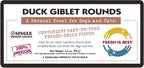Freeze Dried Duck Giblet Treats packaging displaying natural pet treats for dogs and cats, single protein source, 100% American, convenient freeze-dried pieces, Fresh Is Best logo.