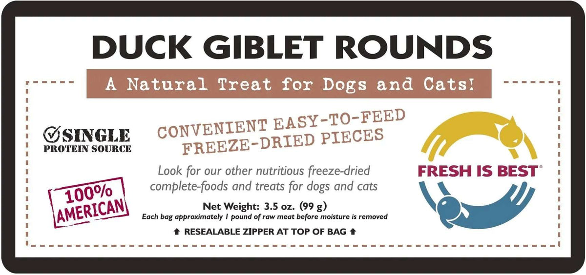Freeze Dried Duck Giblet Treats packaging displaying natural pet treats for dogs and cats, single protein source, 100% American, convenient freeze-dried pieces, Fresh Is Best logo.