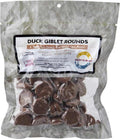 Freeze dried duck giblet treats in a resealable bag for pets.
