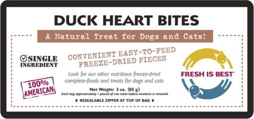 Freeze Dried Duck Heart Bites packaging, single ingredient, 100% American, natural treat for pets, 3 oz.