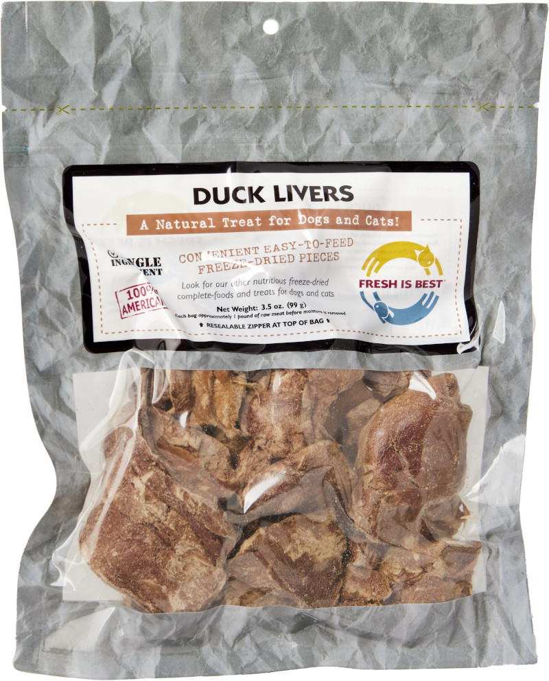 Freeze dried duck liver treats for dogs and cats in resealable bag.