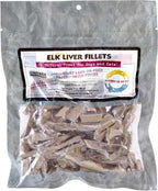 Freeze dried elk liver fillets for dogs and cats in resealable package.