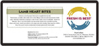 Freeze dried lamb heart bites packaging with nutritional information and brand logo.