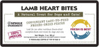 Packaging of Freeze Dried Lamb Heart Bites for dogs and cats, highlighting natural, single-ingredient, and convenient freeze-dried pieces, 100% American.