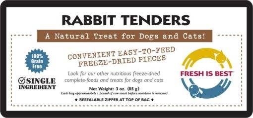 Freeze dried rabbit tenders for dogs and cats, natural grain-free pet treat packaging.