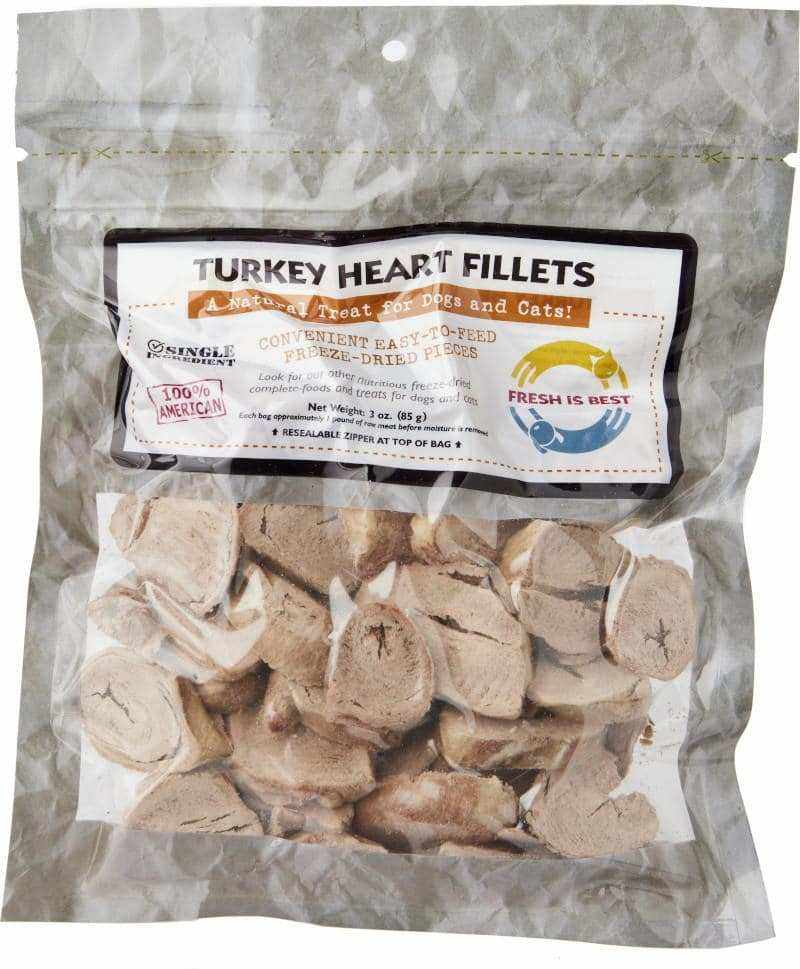 Freeze dried turkey heart fillets in resealable package for pets.
