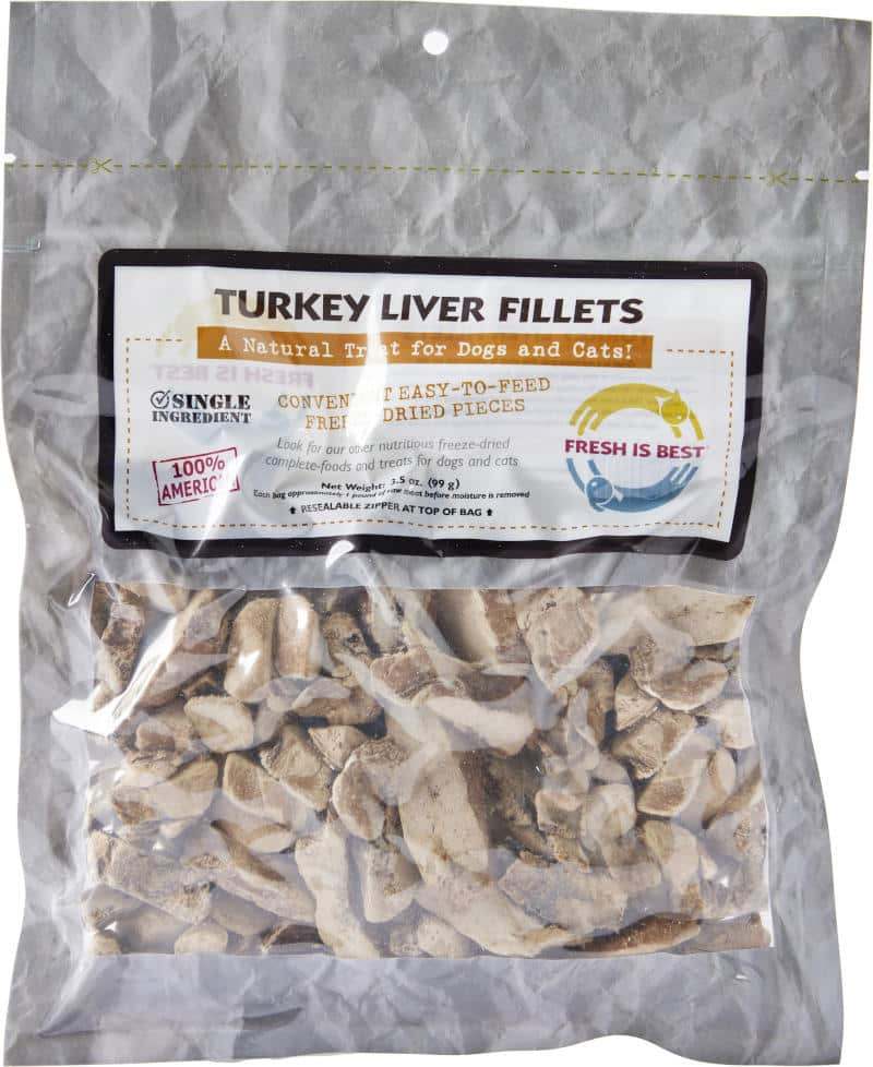 Freeze dried turkey liver fillets in resealable bag for pets.