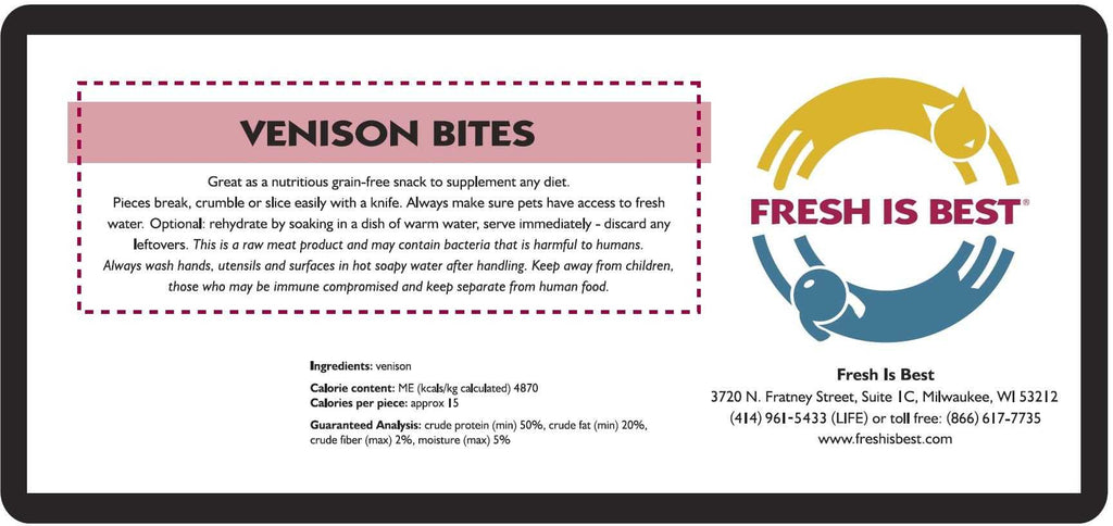 Freeze Dried Venison Bites packaging with ingredient and nutritional information.