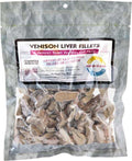 Freeze dried venison liver fillets in clear packaging for pets.