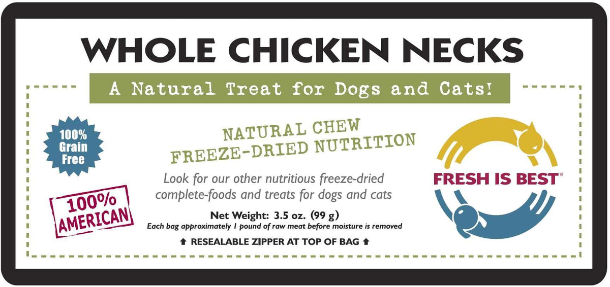 Freeze-dried whole chicken necks for dogs and cats, natural chew, 100% grain-free, 3.5 oz package.