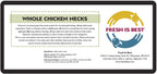 Freeze Dried Whole Chicken Necks packaging label with nutritional information and feeding guidelines.