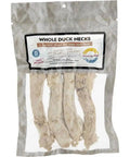 Freeze dried whole duck necks for pets in a resealable bag.