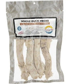 Freeze dried whole duck necks for pets in a resealable bag.