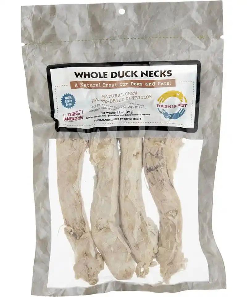 Freeze dried whole duck necks for pets in a resealable bag.