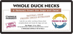 Freeze-dried whole duck necks natural chew for dogs and cats, 100% American, single ingredient, resealable packaging.