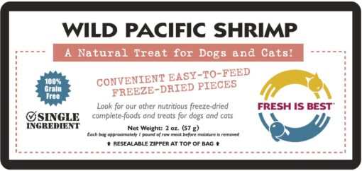 Freeze Dried Wild Pacific Shrimp Treats for Dogs and Cats, grain-free, single ingredient, resealable package.