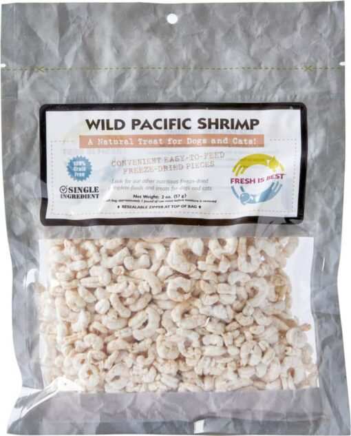 Freeze Dried Wild Pacific Shrimp treats for dogs and cats in resealable bag.