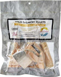 Freeze dried wild salmon fillets in vacuum-sealed packaging for pets.